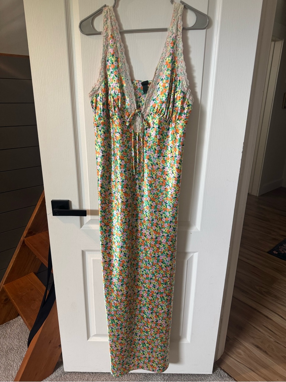 wild fable Floral Maxi Slip Dress with Cream Lace Trim - Multicolor